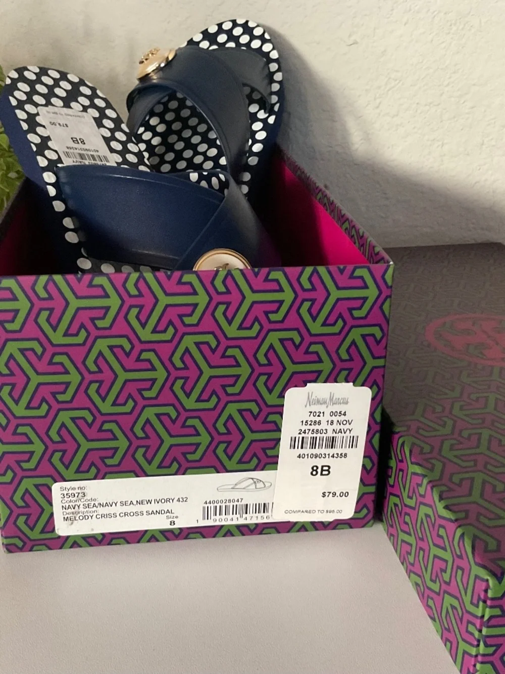 TORY BURCH, NEW, MELODY CRISS CROSS SANDALS, Size 8, NAVY